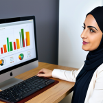 A professional Arab woman in her late 30s, dressed in a modest, contemporary business blouse and smart trousers, seated comfortably at a sleek wooden desk. She is attentively focused on a laptop screen displaying a clean, simplified financial chart and a YouTube video interface with a friendly expert's face. Her expression is one of calm understanding and empowerment. The background features a modern, well-lit home study with subtle, tasteful Arabesque decorative elements, possibly a bookshelf filled with business books. Medium close-up, natural pose, soft studio lighting, high-resolution, crisp details, vibrant colors, professional photography, perfect anatomy, correct proportions, well-formed hands, proper finger count, natural body proportions, safe for work, appropriate content, fully clothed, professional dress, modest clothing, family-friendly.