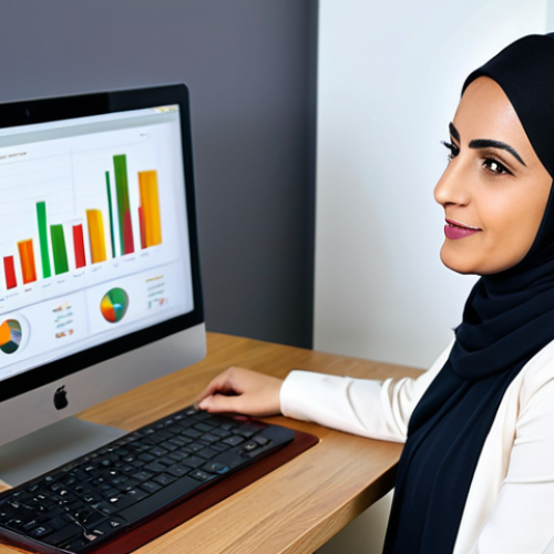 Home 6 A professional Arab woman in her late 30s, dressed in a modest, contemporary business blouse and smart trousers, seated comfortably at a sleek wooden desk. She is attentively focused on a laptop screen displaying a clean, simplified financial chart and a YouTube video interface with a friendly expert's face. Her expression is one of calm understanding and empowerment. The background features a modern, well-lit home study with subtle, tasteful Arabesque decorative elements, possibly a bookshelf filled with business books. Medium close-up, natural pose, soft studio lighting, high-resolution, crisp details, vibrant colors, professional photography, perfect anatomy, correct proportions, well-formed hands, proper finger count, natural body proportions, safe for work, appropriate content, fully clothed, professional dress, modest clothing, family-friendly.