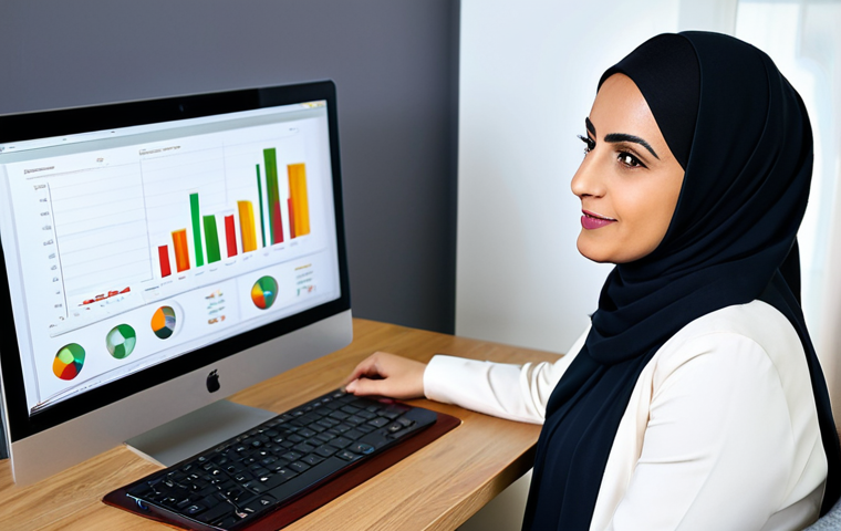 A professional Arab woman in her late 30s, dressed in a modest, contemporary business blouse and smart trousers, seated comfortably at a sleek wooden desk. She is attentively focused on a laptop screen displaying a clean, simplified financial chart and a YouTube video interface with a friendly expert's face. Her expression is one of calm understanding and empowerment. The background features a modern, well-lit home study with subtle, tasteful Arabesque decorative elements, possibly a bookshelf filled with business books. Medium close-up, natural pose, soft studio lighting, high-resolution, crisp details, vibrant colors, professional photography, perfect anatomy, correct proportions, well-formed hands, proper finger count, natural body proportions, safe for work, appropriate content, fully clothed, professional dress, modest clothing, family-friendly.