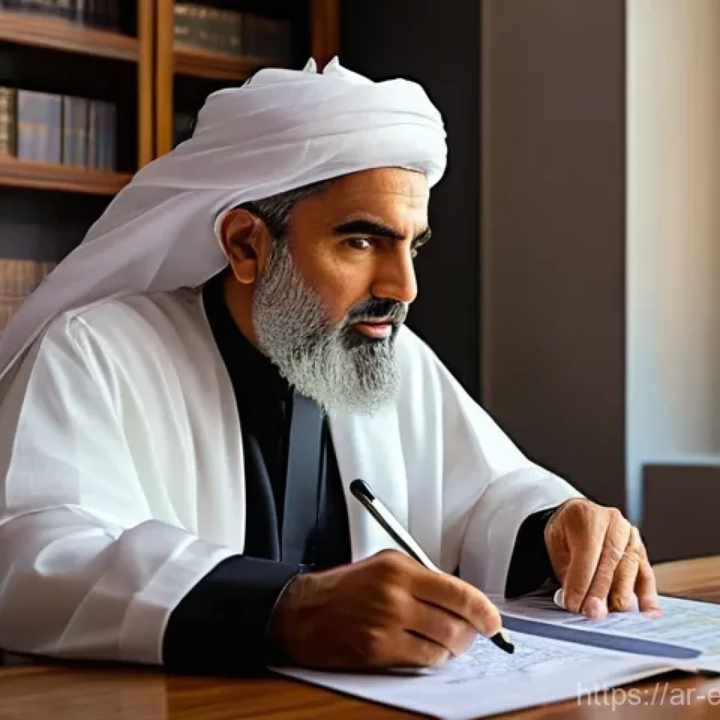 주식 시장의 불황기 대처법 - **Prompt:** A calm, middle-aged male investor, dressed in a traditional thobe and ghutra, sits at a ...