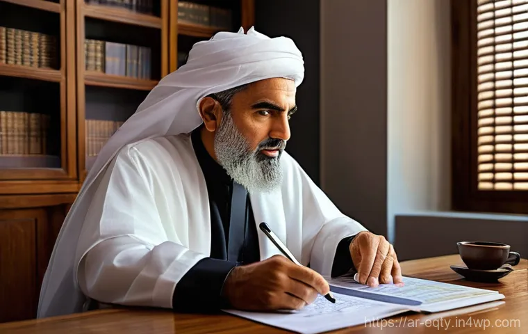 주식 시장의 불황기 대처법 - **Prompt:** A calm, middle-aged male investor, dressed in a traditional thobe and ghutra, sits at a ...