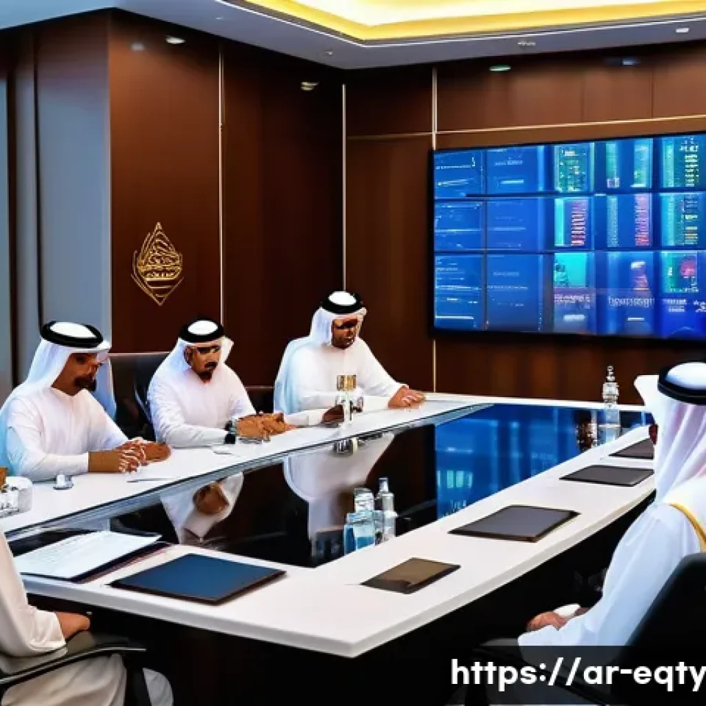 주식 투자에서의 경쟁 분석 - A modern Arab business conference scene set in a high-tech Riyadh skyscraper boardroom during daytim...