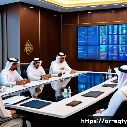 주식 투자에서의 경쟁 분석 - A modern Arab business conference scene set in a high-tech Riyadh skyscraper boardroom during daytim...