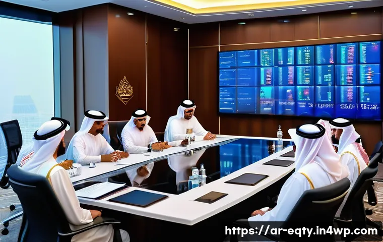 주식 투자에서의 경쟁 분석 - A modern Arab business conference scene set in a high-tech Riyadh skyscraper boardroom during daytim...