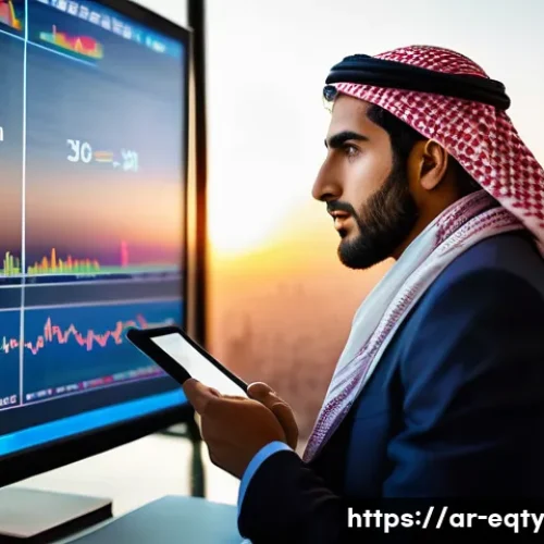 주식 투자 관련 용어 사전 - A sophisticated Arab male financial analyst in a modern office overlooking a bustling Middle Eastern...