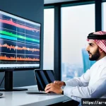주식 매수 시점 판단하기 - A professional Arab stock market investor analyzing detailed financial charts on a high-tech multi-m...