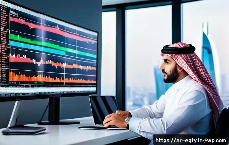 주식 매수 시점 판단하기 - A professional Arab stock market investor analyzing detailed financial charts on a high-tech multi-m...