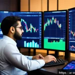 주식 투자에서의 트렌드 추적 방법 - A sophisticated Middle Eastern financial analyst sitting at a modern desk filled with multiple digit...