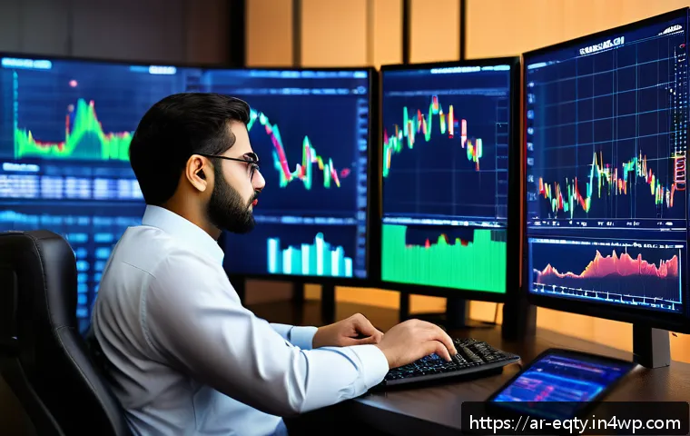 주식 투자에서의 트렌드 추적 방법 - A sophisticated Middle Eastern financial analyst sitting at a modern desk filled with multiple digit...