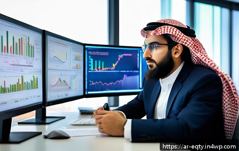 기본적 분석과 기술적 분석 비교 - A professional Middle Eastern investor analyzing detailed financial reports in a modern office setti...