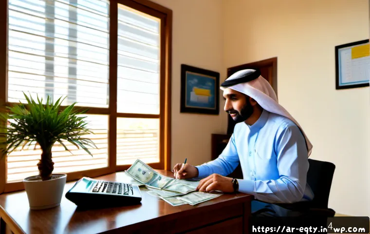 주식 투자 후 재투자 전략 - Photorealistic Middle Eastern Arab investor in modest business attire reviewing a diversified reinve...