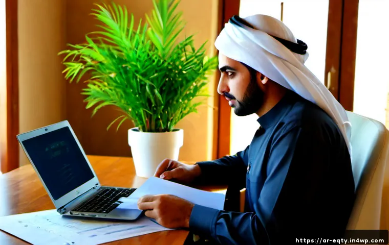 주식 투자에서의 개인적인 가치관 반영 - Photorealistic Arab investor in modest business-casual attire seated at a sunlit home office desk, t...