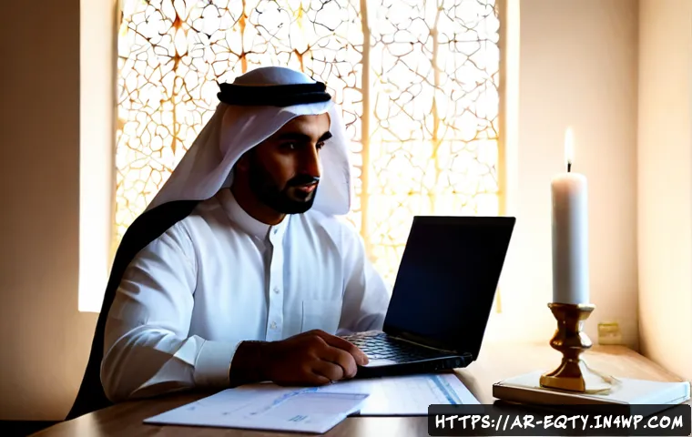 Home 17 주식 투자에서의 장기와 단기 전략 통합 - Photorealistic Middle Eastern Arab investor in modest business attire seated at a clean home-office ...