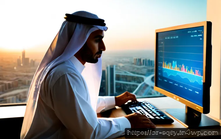 주식 투자에서의 예측 모델 활용 - Photorealistic Arab financial analyst in modest professional attire studying a clean computer dashbo...
